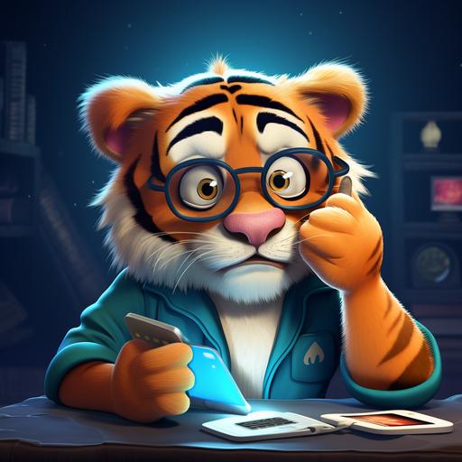 worried tiger in glasses reads something in his phone cartoon style fortune tiget slot casino