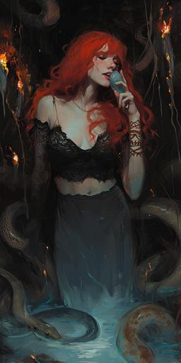 wotw | by mierlu::0  Lilith the smiling beautiful redhead demoness wearing black crop top and other lace is surrounded by lot of will-o'-the-wisps fire in the dark and scary swamp of hell, she licks a will-o'-the-wisps vaporous luminous blue ice cream, she is accompanied by her will-o'-the-wisps snake, art by Zdzisław Beksiński, Egon Schiele and Klimt --ar 1:2 --v 6.0