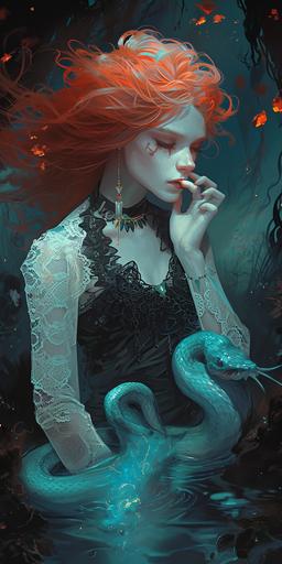wotw | by mierlu::0      Lilith the smiling beautiful redhead demoness wearing black crop top and other lace is surrounded by lot of will-o'-the-wisps fire in a dark and scary swamp, she licks a will-o'-the-wisps vaporous luminous blue, she is accompanied by her will-o'-the-wisps snake, anime screenshot (Ed Benes Studio) --ar 1:2 --v 6.0