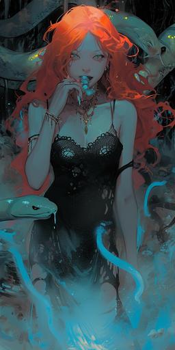 wotw | by mierlu::0  Lilith the smiling beautiful redhead demoness wearing black crop top and other lace is surrounded by lot of will-o'-the-wisps fire in a dark and scary swamp, she licks a will-o'-the-wisps vaporous luminous blue ice cream, she is accompanied by her will-o'-the-wisps snake, anime screenshot (Ed Benes Studio) --ar 1:2 --v 6.0