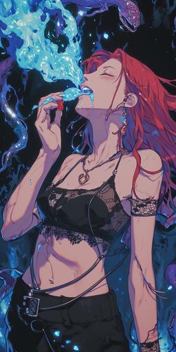 wotw | by mierlu::0 Lilith the smiling beautiful redhead demoness wearing black crop top and other lace is surrounded by lot of will-o'-the-wisps fire in a dark and scary swamp, she licks a will-o'-the-wisps vaporous luminous blue ice cream, she is accompanied by her will-o'-the-wisps snake, anime screenshot (Ed Benes Studio) --ar 1:2 --v 6.0