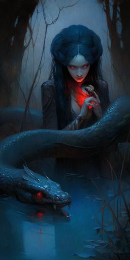 wotw | by mierlu::0 demoness surrounded by lot of will-o'-the-wisps in a dark and scary swamp, it's Lilith the smiling beautiful redhead with her snake red lizard, wearing lacy crop top, she licks a luminous blue ice cream, art by Zdzisław Beksiński --ar 1:2 --niji 5