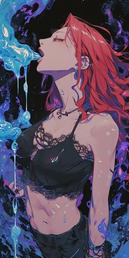 wotw | by mierlu::0 Lilith the smiling beautiful redhead demoness wearing black crop top and other lace is surrounded by lot of will-o'-the-wisps fire in a dark and scary swamp, she licks a will-o'-the-wisps vaporous luminous blue ice cream, she is accompanied by her will-o'-the-wisps snake, anime screenshot (Ed Benes Studio) --ar 1:2 --v 6.0