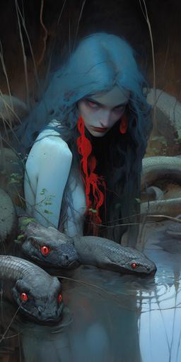 wotw | by mierlu::0 demoness surrounded by lot of will-o'-the-wisps in a dark and scary swamp, it's Lilith the smiling beautiful redhead with her snake red lizard, wearing lacy crop top, she licks a luminous blue ice cream, art by Zdzisław Beksiński --ar 1:2 --niji 5