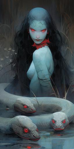 wotw | by mierlu::0 demoness surrounded by lot of will-o'-the-wisps in a dark and scary swamp, it's Lilith the smiling beautiful redhead with her snake red lizard, wearing lacy crop top, she licks a luminous blue ice cream, art by Zdzisław Beksiński --ar 1:2 --niji 5