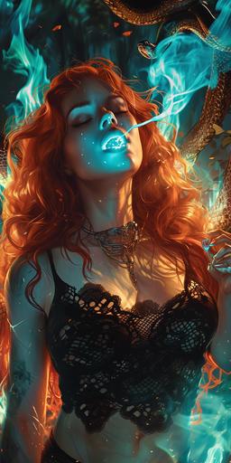 wotw | by mierlu::0 Lilith the smiling beautiful redhead demoness wearing black crop top and other lace is surrounded by lot of will-o'-the-wisps fire in a dark and scary swamp, she licks a will-o'-the-wisps vaporous luminous blue ice cream, she is accompanied by her will-o'-the-wisps snake, anime screenshot (Ed Benes Studio) --ar 1:2 --v 6.0