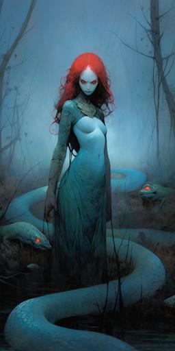 wotw | by mierlu::0 demoness surrounded by lot of will-o'-the-wisps in a dark and scary swamp, it's Lilith the smiling beautiful redhead with her snake red lizard, wearing lacy crop top, she licks a luminous blue ice cream, art by Zdzisław Beksiński --ar 1:2 --niji 5