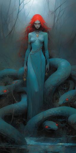 wotw | by mierlu::0 demoness surrounded by lot of will-o'-the-wisps in a dark and scary swamp, it's Lilith the smiling beautiful redhead with her snake red lizard, wearing lacy crop top, she licks a luminous blue ice cream, art by Zdzisław Beksiński --ar 1:2 --niji 5