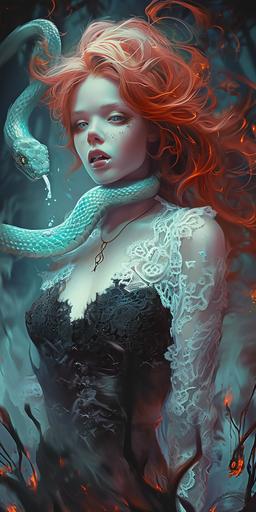wotw | by mierlu::0     Lilith the smiling beautiful redhead demoness wearing black crop top and other lace is surrounded by lot of will-o'-the-wisps fire in a dark and scary swamp, she licks a will-o'-the-wisps vaporous luminous blue ice cream, she is accompanied by her will-o'-the-wisps snake, anime screenshot (Ed Benes Studio) --ar 1:2 --v 6.0