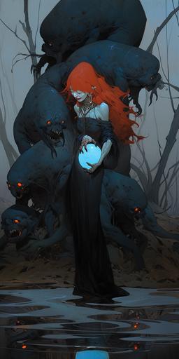 wotw | by mierlu::0 demoness surrounded by lot of will-o'-the-wisps in a dark and scary swamp, it's Lilith the smiling beautiful redhead wearing lacy crop top, she licks a luminous blue ice cream, she is accompanied by her will-o'-the-wisps snake red lizard, art by Zdzisław Beksiński --ar 1:2 --niji 5 --style expressive