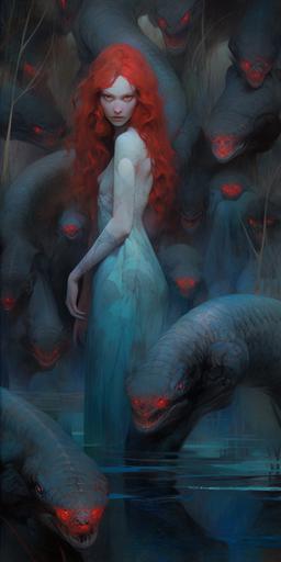 wotw | by mierlu::0 demoness surrounded by lot of will-o'-the-wisps in a dark and scary swamp, it's Lilith the smiling beautiful redhead with her snake red lizard, wearing lacy crop top, she licks a luminous blue ice cream, art by Zdzisław Beksiński --ar 1:2 --niji 5