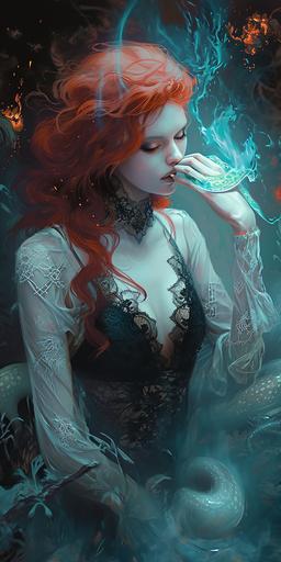 wotw | by mierlu::0      Lilith the smiling beautiful redhead demoness wearing black crop top and other lace is surrounded by lot of will-o'-the-wisps fire in a dark and scary swamp, she licks a will-o'-the-wisps vaporous luminous blue, she is accompanied by her will-o'-the-wisps snake, anime screenshot (Ed Benes Studio) --ar 1:2 --v 6.0