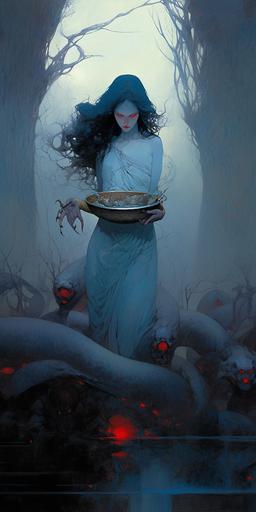 wotw | by mierlu::0 demoness surrounded by lot of will-o'-the-wisps in a dark and scary swamp, it's Lilith the smiling beautiful redhead with her snake red lizard, wearing lacy crop top, she licks a luminous blue ice cream, art by Zdzisław Beksiński --ar 1:2 --niji 5