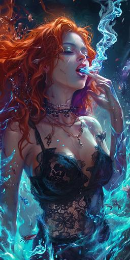 wotw | by mierlu::0 Lilith the smiling beautiful redhead demoness wearing black crop top and other lace is surrounded by lot of will-o'-the-wisps fire in a dark and scary swamp, she licks a will-o'-the-wisps vaporous luminous blue ice cream, she is accompanied by her will-o'-the-wisps snake, anime screenshot (Ed Benes Studio) --ar 1:2 --v 6.0