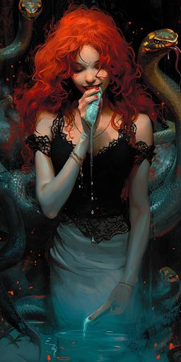 wotw | by mierlu::0  Lilith the smiling beautiful redhead demoness wearing black crop top and other lace is surrounded by lot of will-o'-the-wisps fire in the dark and scary swamp of hell, she licks a will-o'-the-wisps vaporous luminous blue ice cream, she is accompanied by her will-o'-the-wisps snake, art by Zdzisław Beksiński, Egon Schiele and Klimt --ar 1:2 --v 6.0