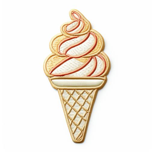 woven patch of a double vanilla ice cream cone, embroidered stitch effect, white background