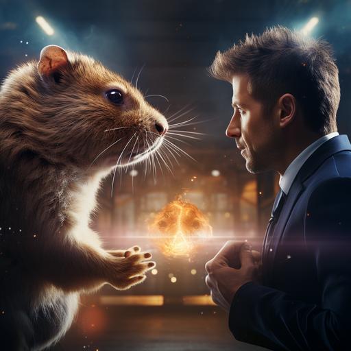 realistic image of a man and hamster facing off competatively in front of a glowing backdrop