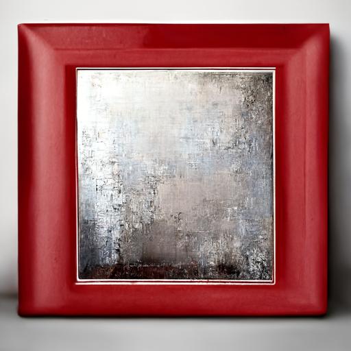 a square red stainless steel picture frame on a messy silver painted background, industrial, hd