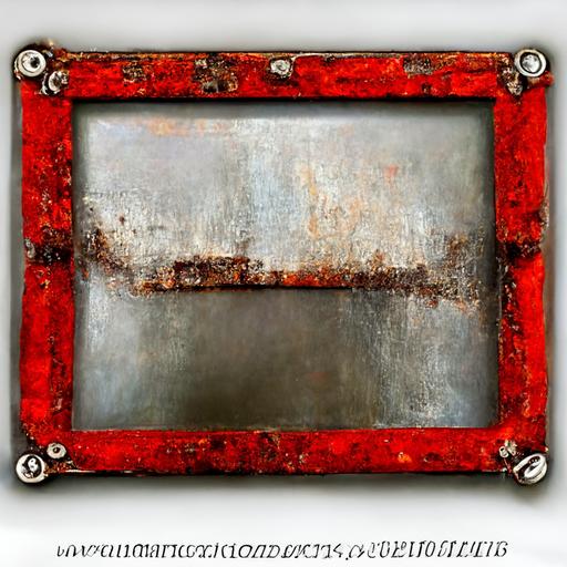 a square red stainless steel picture frame on a messy silver painted background, industrial, rust, scratches hd