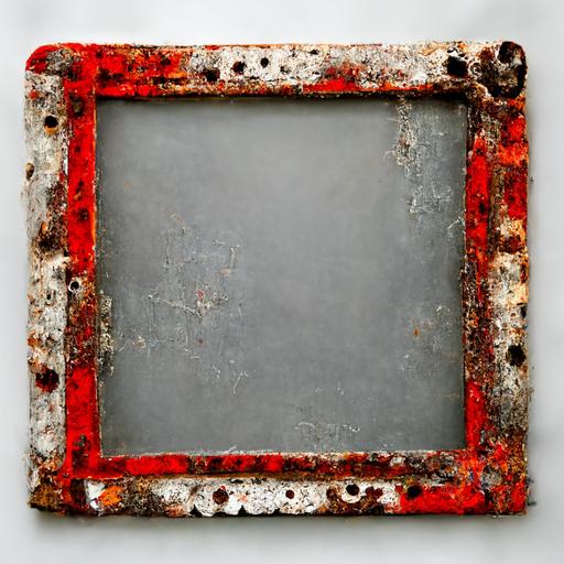 a square red stainless steel picture frame on a messy silver painted background, industrial, rust, peeling paint, scratches, full frame, hd
