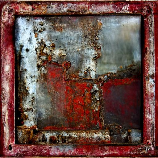 a square red stainless steel picture frame on a messy silver painted background, industrial, rust, peeling paint, scratches, full frame, hd