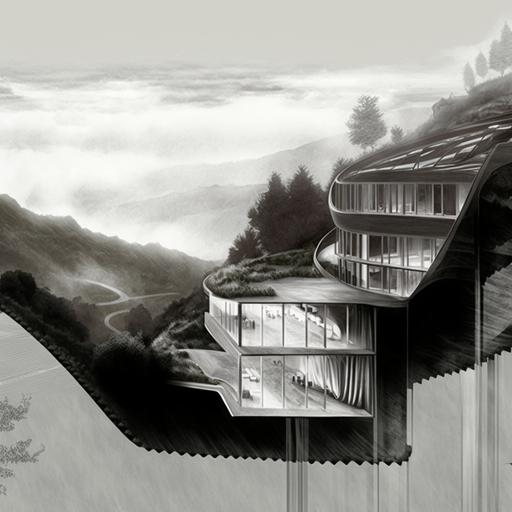 architectural collage section perspective of a terraced zaha hadid house on the edge of a cliff, big windows, timber, mountain landscape with illuminated paths and trees and horizon on the background, foggy sunrise, awarded architectural charcoal drawing, 16k, highly detailed --v 4