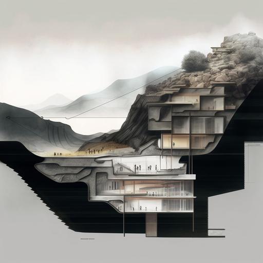 architectural collage section perspective of a terraced zaha hadid villa on the edge of a cliff, big windows, timber, mountain landscape with illuminated paths and horizon on the background, foggy sunrise, awarded architectural drawing, 16k, highly detailed --v 4