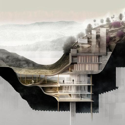 architectural collage section perspective of a terraced zaha hadid house on the edge of a cliff, big windows, timber, mountain landscape with illuminated paths and trees and horizon on the background, foggy sunrise, awarded architectural drawing, 16k, highly detailed --v 4