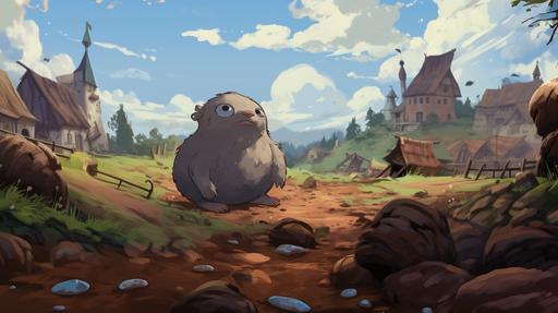 A vibrant illustration of a dirt pile surrounded by trash and mud on the outskirts of a stone house, rendered in a studio ghibli illustration style. You see smoke stacks and village folk in the distance, the scene should evoke feelings of ick, dirty, caution, and magic while also capturing a sense of wonder and humor. Incorporate various angles, wide shot, zoomed out. Experiment with a combination of art styles such as watercolor, ink drawing, or digital rendering to achieve the desired visual aesthetic --ar 16:9