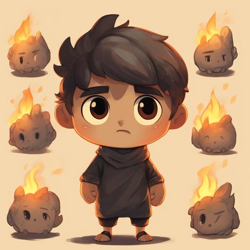 Ignis, character design sheet, cute, small little lump of coal living in a small old village, whimsical children’s book illustration, flat color, full body, multiple poses and expressions, character concept, –no outline –upbeta --v 5.2