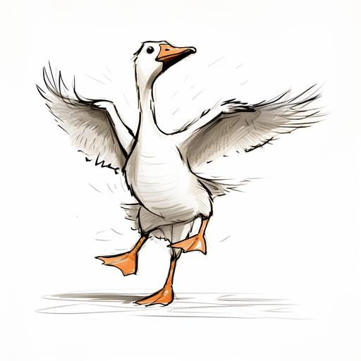 sketch up line drawing of a goose dancing and being silly. Doodle drawing. White background. Simple and clean. Multiple iterations. — ar 16:9 --v 5.2