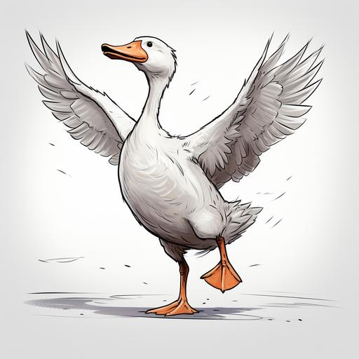 sketch up line drawing of a goose dancing and being silly. Doodle drawing. White background. Simple and clean. Multiple iterations. — ar 16:9 --v 5.2