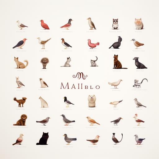 write MILKA & CO in a classic serif font. Use sophisticated cat dog bird and fish petshop icon