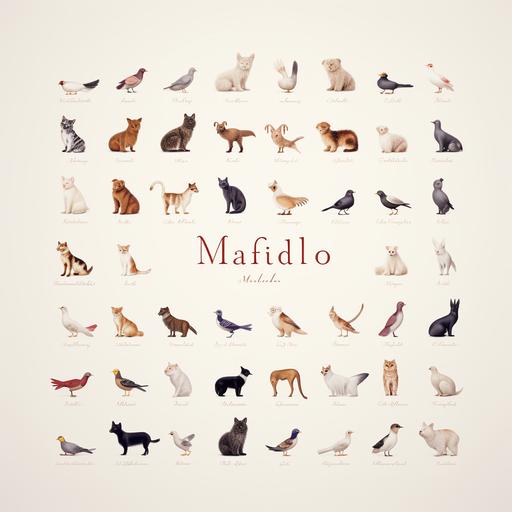 write MILKA & CO in a classic serif font. Use sophisticated cat dog bird and fish petshop icon