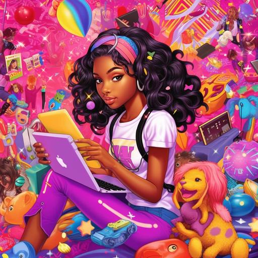 write a discord command for a modern day lisa frank collage design featuring little black girls and other races, show pink business accessories such as cell phones, laptops, make sure girls are smiling, wearing business attire, fill space with a mixture of clips of city skyscrapers, fashion accessries, girly things, sparkles, glitter, full of bright vibrant colors