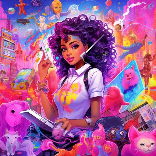 write a discord command for a modern day lisa frank collage design featuring little black girls and other races, show pink business accessories such as cell phones, laptops, make sure girls are smiling, wearing business attire, fill space with a mixture of clips of city skyscrapers, fashion accessries, girly things, sparkles, glitter, full of bright vibrant colors