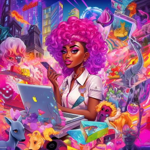 write a discord command for a modern day lisa frank collage design featuring little black girls and other races, show pink business accessories such as cell phones, laptops, make sure girls are smiling, wearing business attire, fill space with a mixture of clips of city skyscrapers, fashion accessries, girly things, sparkles, glitter, full of bright vibrant colors