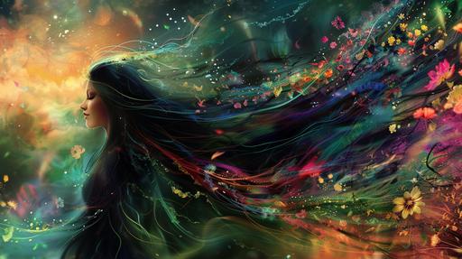 Abstract, Beautiful Lifelike Image of a woman with long black hair flowing in the wind wearing a hijab, Peacful scenery, flowers, mystical magical image of the girl in peace and love into the universe. --ar 16:9 --v 6.0