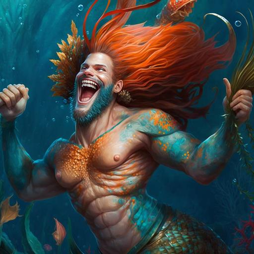 realistic, illustrative, detailed, hd, merman, male mermaid, fins, underwater, undersea, coral, fish, swimming, long hair, fish tail, lionfish, betafish, spines, muscular, swim, smile, happy, laughter, full body, action pose, hairy chest, jewelry, sea fan, coral reef