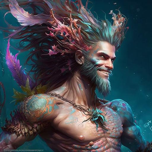 realistic, illustrative, detailed, hd, merman, male mermaid, fins, underwater, undersea, coral, fish, swimming, long hair, fish tail, lionfish, betafish, spines, muscular, swim, smile, happy, laughter, full body, action pose, hairy chest, jewelry, sea fan, coral reef