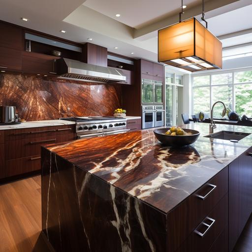 wulfenite countertops in kitchen of figured slab mahogany cabinets and professional grade wolf appliances --s 50