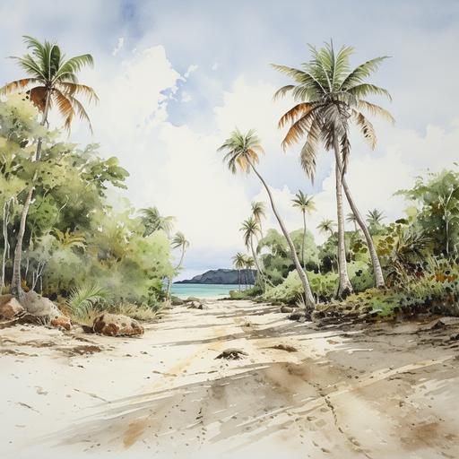 watercolour, interior of deserted island walking through sand and palms, wide shot