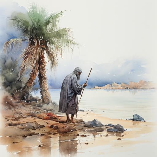 watercolour, old fisherman marooned on a desert island in the rain and the cold, wide shot