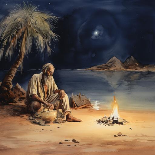 watercolour, old fisherman marooned on a desert island sitting on a beach in front of an open fire at night, wide shot