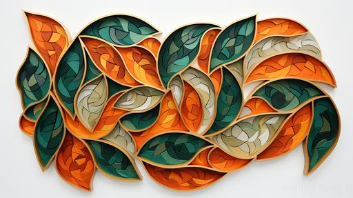 sinusoidal geometric forms made of mosaic tiles, orange and green colors with gold leaf foil veins, paper quilling --ar 16:9