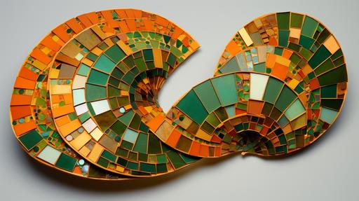 sinusoidal geometric forms made of mosaic tiles, orange and green colors with gold leaf foil veins, paper quilling --ar 16:9