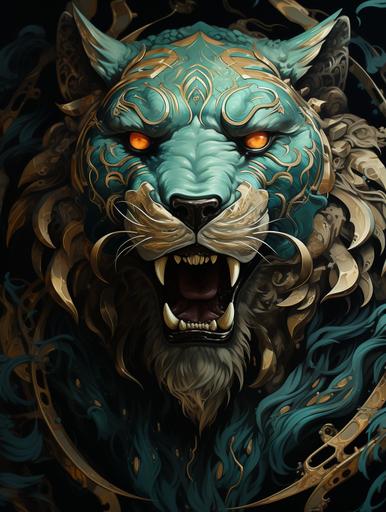 wyrm of the gloom bear gold leaf from the lore of wrath, an anime series by betshan, in the style of dark turquoise and light bronze, frostpunk, panel composition mastery, aztec art, oil portraitures, realist detail, multi-layered compositions --ar 3:4 --s 222 --c 5 --stop 95 --weird 5