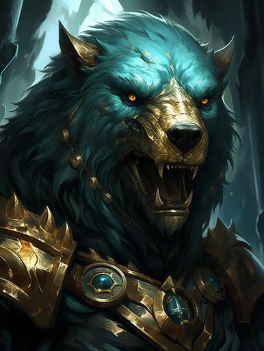 wyrm of the gloom bear gold leaf from the lore of wrath, an anime series by betshan, in the style of dark turquoise and light bronze, frostpunk, panel composition mastery, aztec art, oil portraitures, realist detail, multi-layered compositions --ar 3:4 --s 222 --c 5 --stop 95 --weird 5