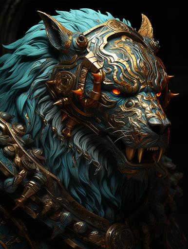 wyrm of the gloom bear gold leaf from the lore of wrath, an anime series by betshan, in the style of dark turquoise and light bronze, frostpunk, panel composition mastery, aztec art, oil portraitures, realist detail, multi-layered compositions --ar 3:4 --s 333 --c 5 --stop 95 --weird 5