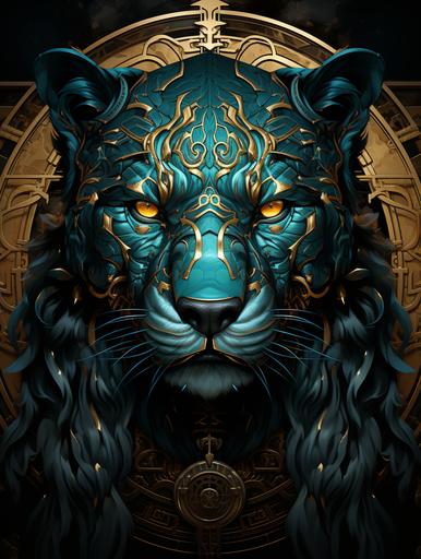 wyrm of the gloom bear gold leaf from the lore of wrath, an anime series by betshan, in the style of dark turquoise and light bronze, frostpunk, panel composition mastery, aztec art, oil portraitures, realist detail, multi-layered compositions --ar 3:4 --s 333 --c 5 --stop 95 --weird 5